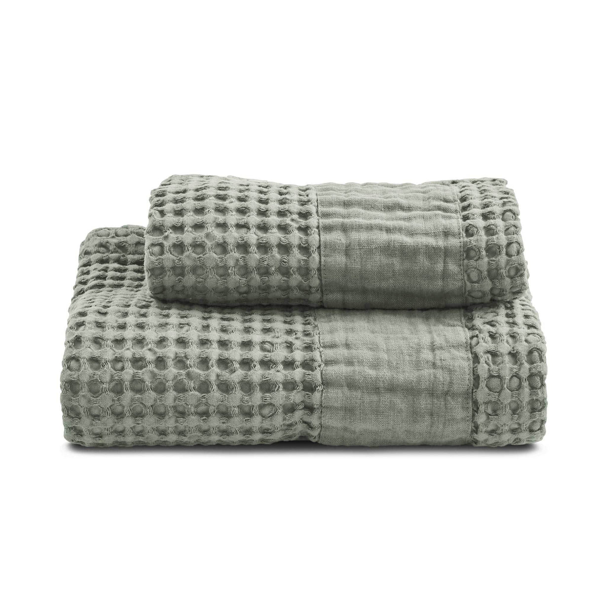 Towels in Stonewashed Cotton Honeycomb with Linen Border - Jaspy